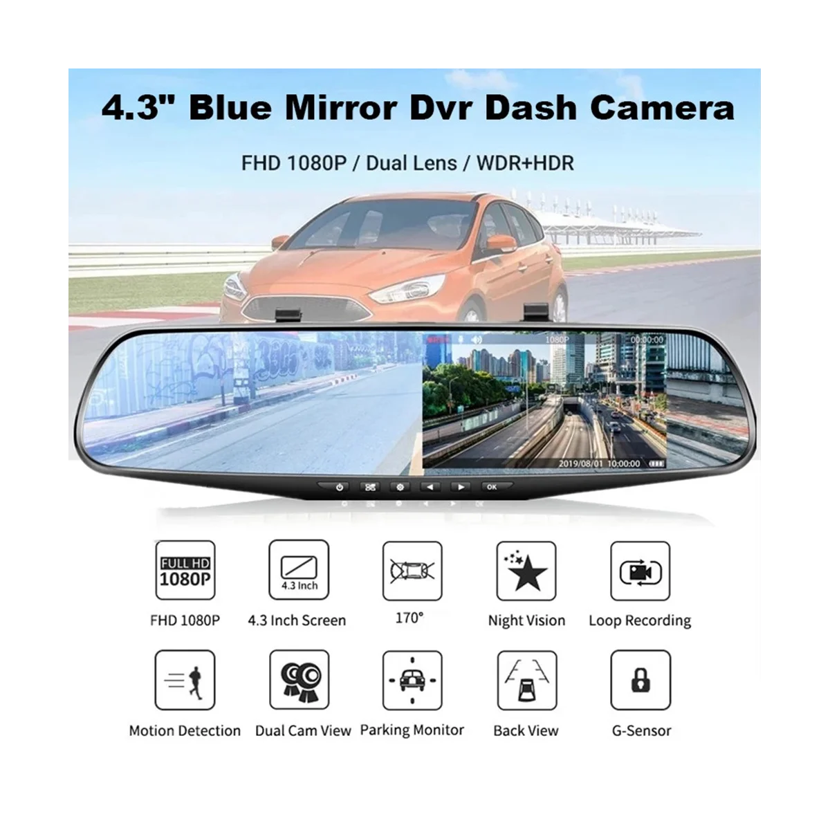 43InchCarDashCamDrivingRecorderHD1080PCycleMirrorDvrDash