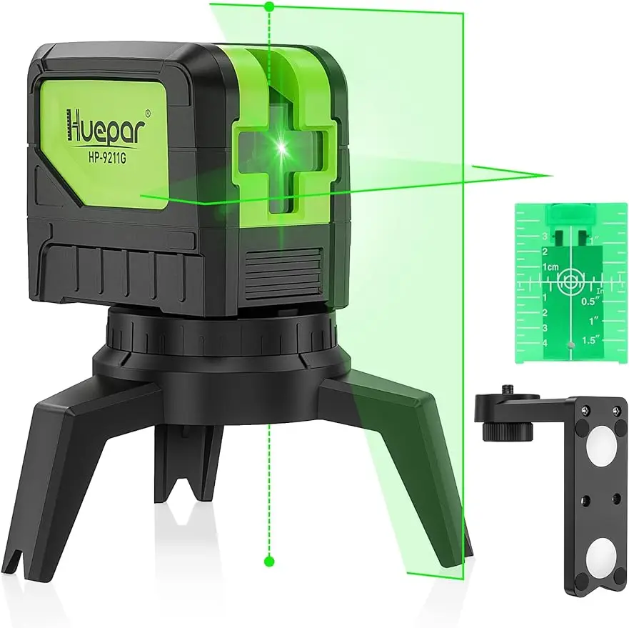 

Cross Line Laser Level with 2 Plumb Dots - Huepar M-9211G Green Beam Self Leveling 180-Degree Vertical Line and Horizontal Line