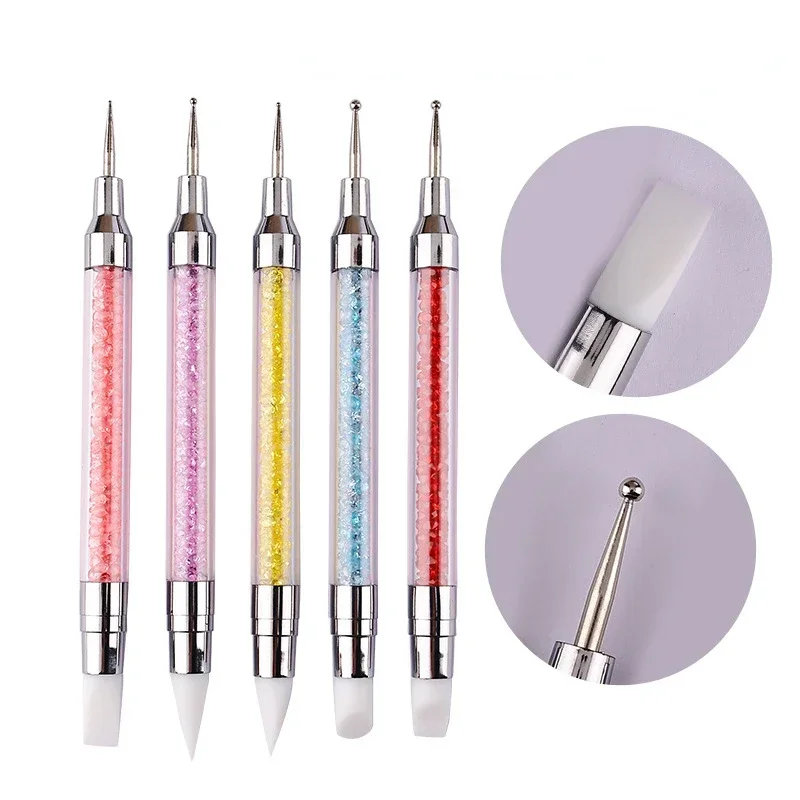 1 PC New Double Way Rhinestone Nail Art Brush Pen Silicone Head Carving Dotting Tool for Women DIY Brush Fashion Dotting Tools 4