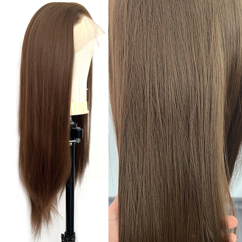 Voguequeen Medium Auburn Brown Synthetic Lace Front Long Straight Smooth Heat Resistant Fiber Cosplay Wig For Costume Party
