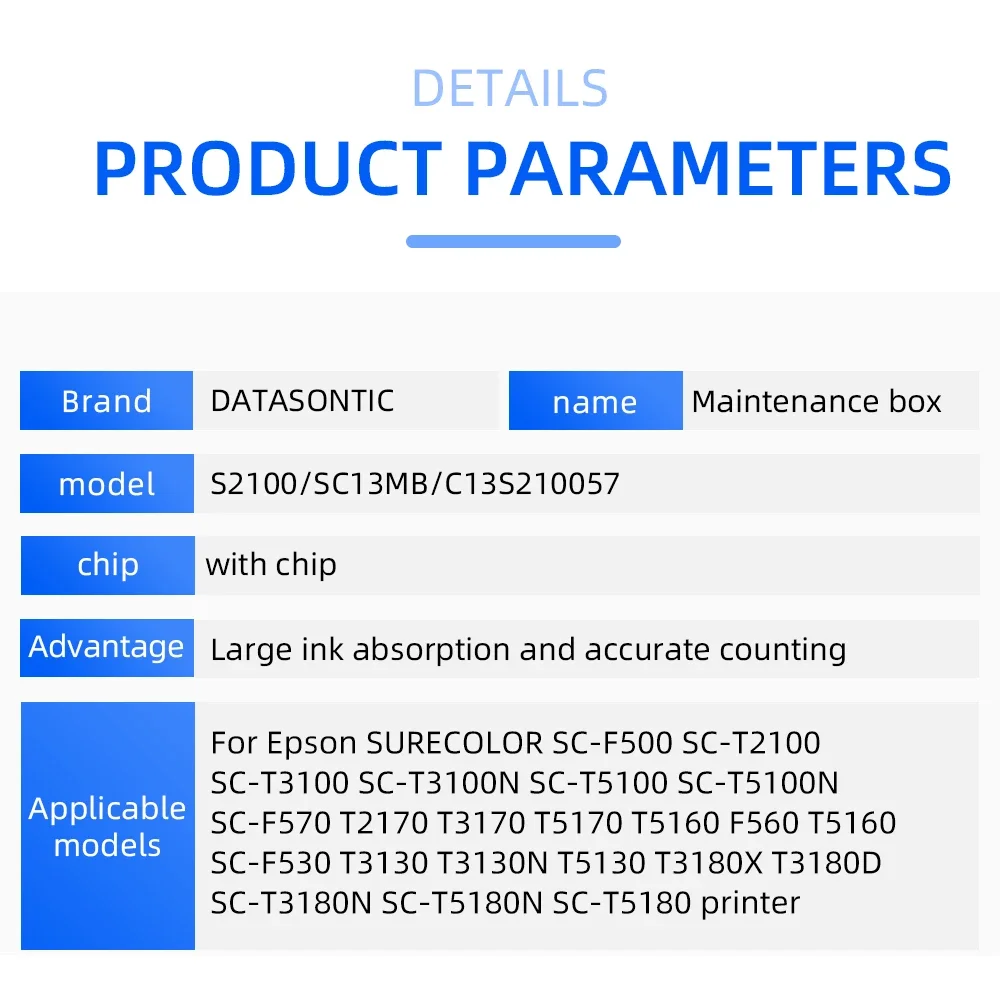 S2100 SC13MB C13S 210057   Epson SURECOLOR SC-F500 SC-T2100 T3100 T3100N T5100 T5100N 프린터 유지 보수 탱크용 유지 보수 상자