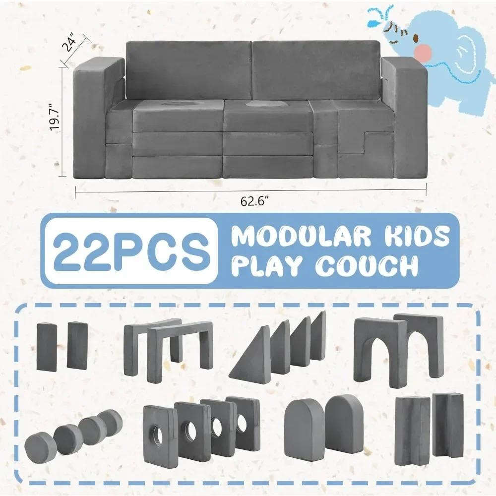 Children's Sofas, 22Pcs Modular Kids Play Couch, Floor Sofa for Children, 1000+DIY Creativing Playroom Furniture for Toddlers 2