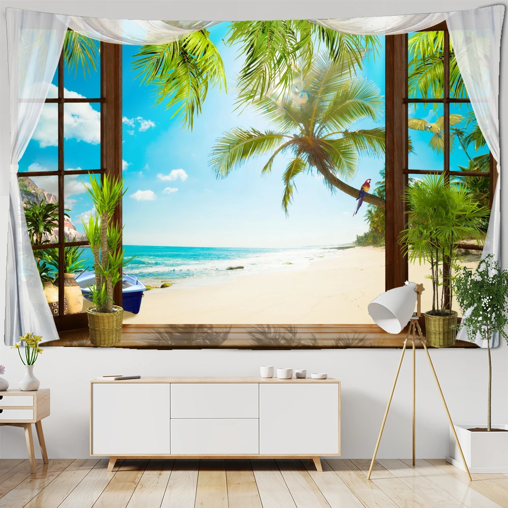 

Beach Coconut Tree flowers Scenery Tapestry Wall Hanging Trippy Wall Art Bedroom Window Decor Tapestry Curtain Background Cloth