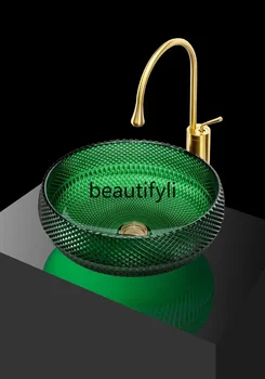 ใหม่หรูหรารอบแก้วคริสตัลอ่างล้างหน้า Die-Casting Art โปร่งใส STAGE อ่างล้างหน้าสีแดงและสีเขียว s03 2