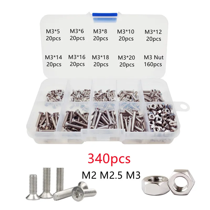 

340pcs M2 M2.5 M3 304 Stainless Steel Cross Phillips Flat Countersunk Head Screw Bolt Nut Washer Assortment Kit