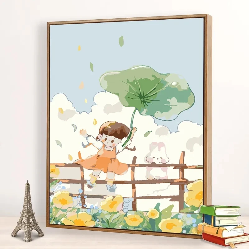 

Digital oil painting filled color painting children's handmade gift filling cure cartoon drawing rabbit flower oil color paintin