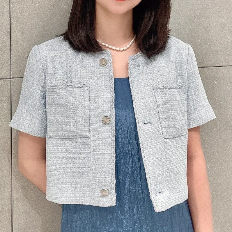 Summer New Blue Short Tweed Coat Women Round Neck Short Sleeve Simple Korea Chic Office Casual Small Fragrance Women Jacket 1315