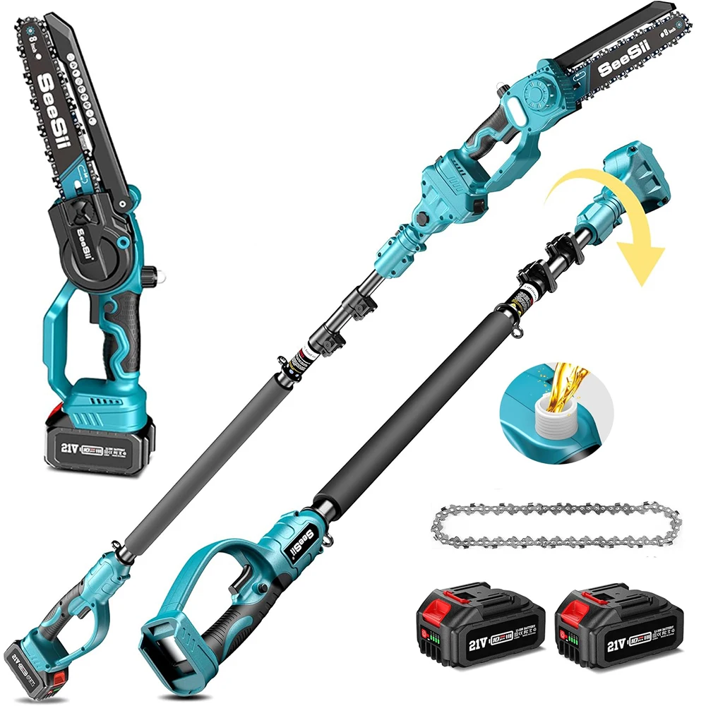 Seesii Polesaw Cordless 8" Electric Chainsaw 3M Extension Pole for Tree Trimming Limb Cutter Pruner