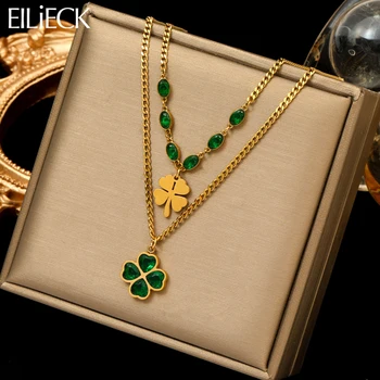 EILIECK 316L 스테인리스 스틸 녹색 클로버 지르콘 펜던트 목걸이, 여성 소녀, 새로운 패션, 방수 넥 체인, 쥬얼리 선물