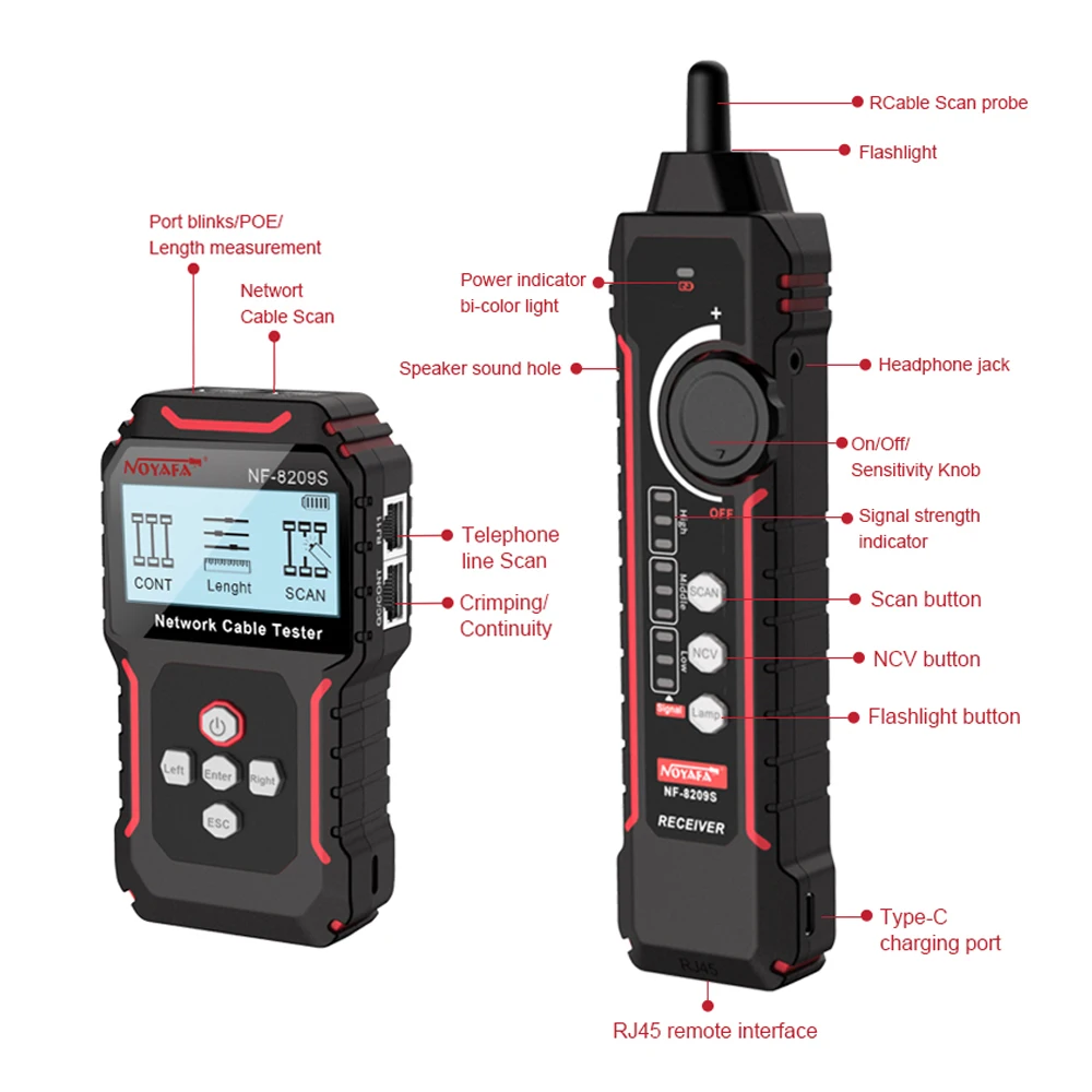 NOYAFA NF-8209S Network Cable Tracker LCD Display Cable Tester Measure Length Wiremap Tester Cable Tracker Network Tools 6