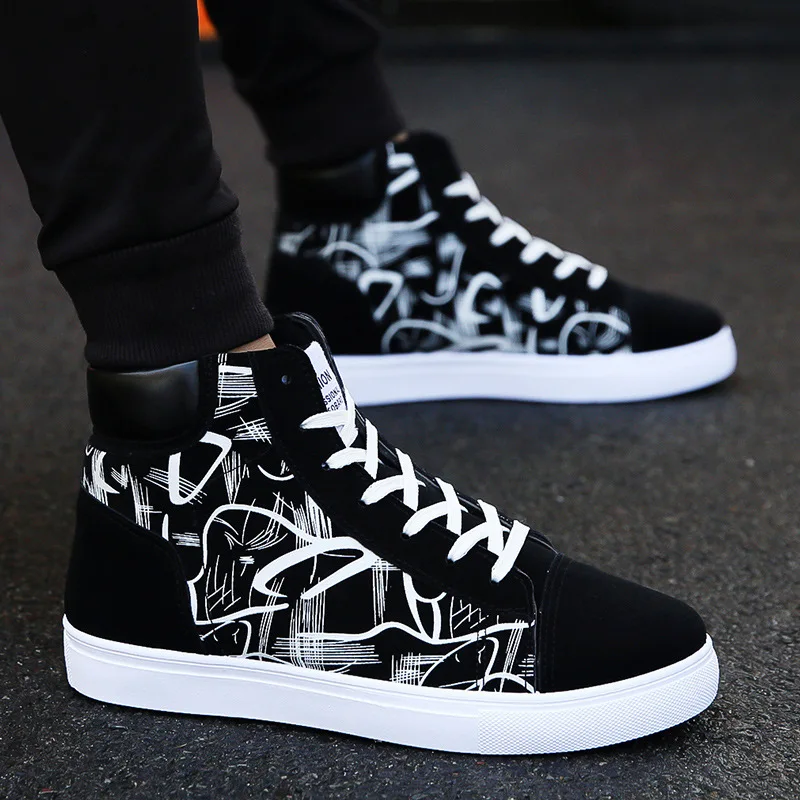 

Men Canvas Shoes Spring Autumn Fashion Graffiti Lace up Platform Sneakers Male Casual Vulcanized Shoes Student Black Blue Red