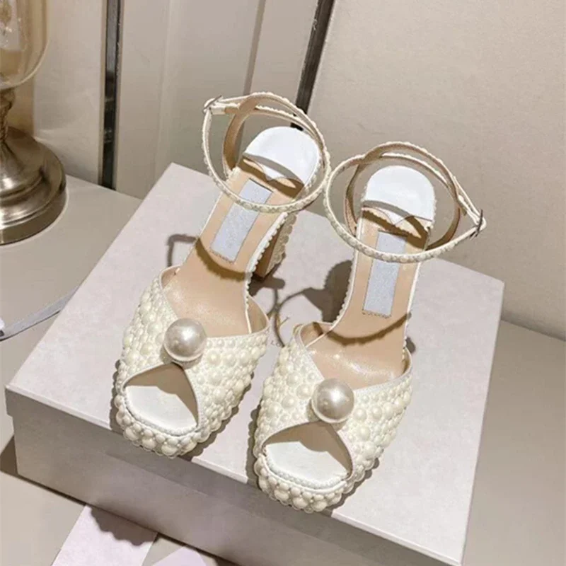 

lady luxury brand pearl-covered Sacaria Satin Platform Sandals wedding White Buckle ankle strap all-over pearls block heel pump