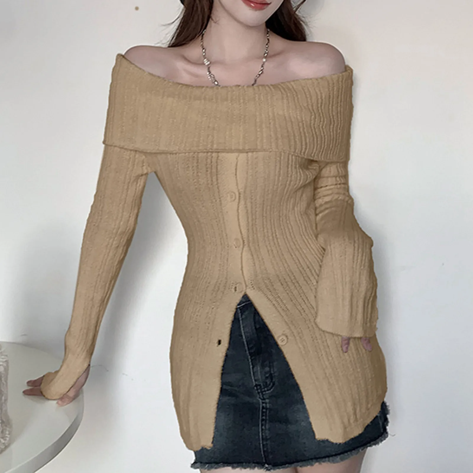 

Elegant White Off The Shoulder Sweater For Women Sexy Design Knitted Long Sleeve Top Stripe Tee