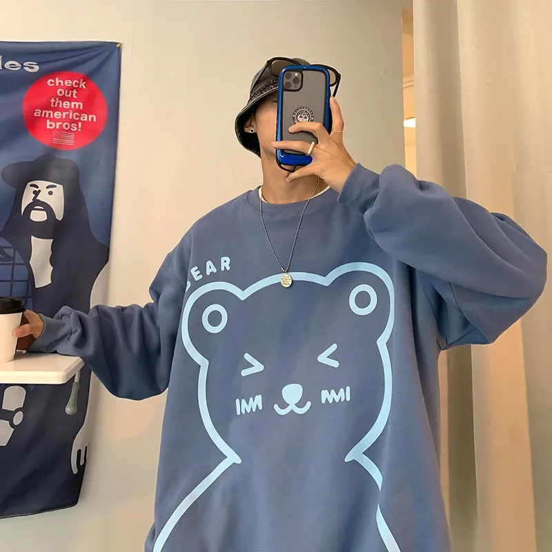 Loose O-Neck Warm Tops Couple Fashion Cartoon Bear Clothing Sweatshirts Harajuku Design Personalized Pullovers New Autumn Winter