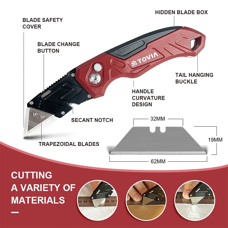 T TOVIA Folding Knife Replaceable Utility Knife for Cable Cartons Carboard Boxes Cutter Handle Knife Blades Outdoor Hand Tool 2