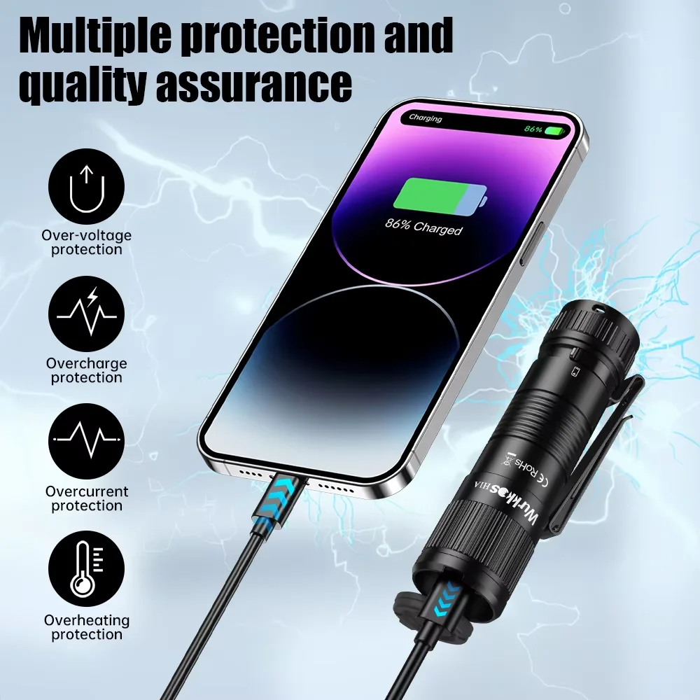 Carregador portátil Wurkkos H1A para lanternas e telefones celulares IP68 Banco de potência de liga de alumínio à prova d'água com clipe (não uma tocha)
