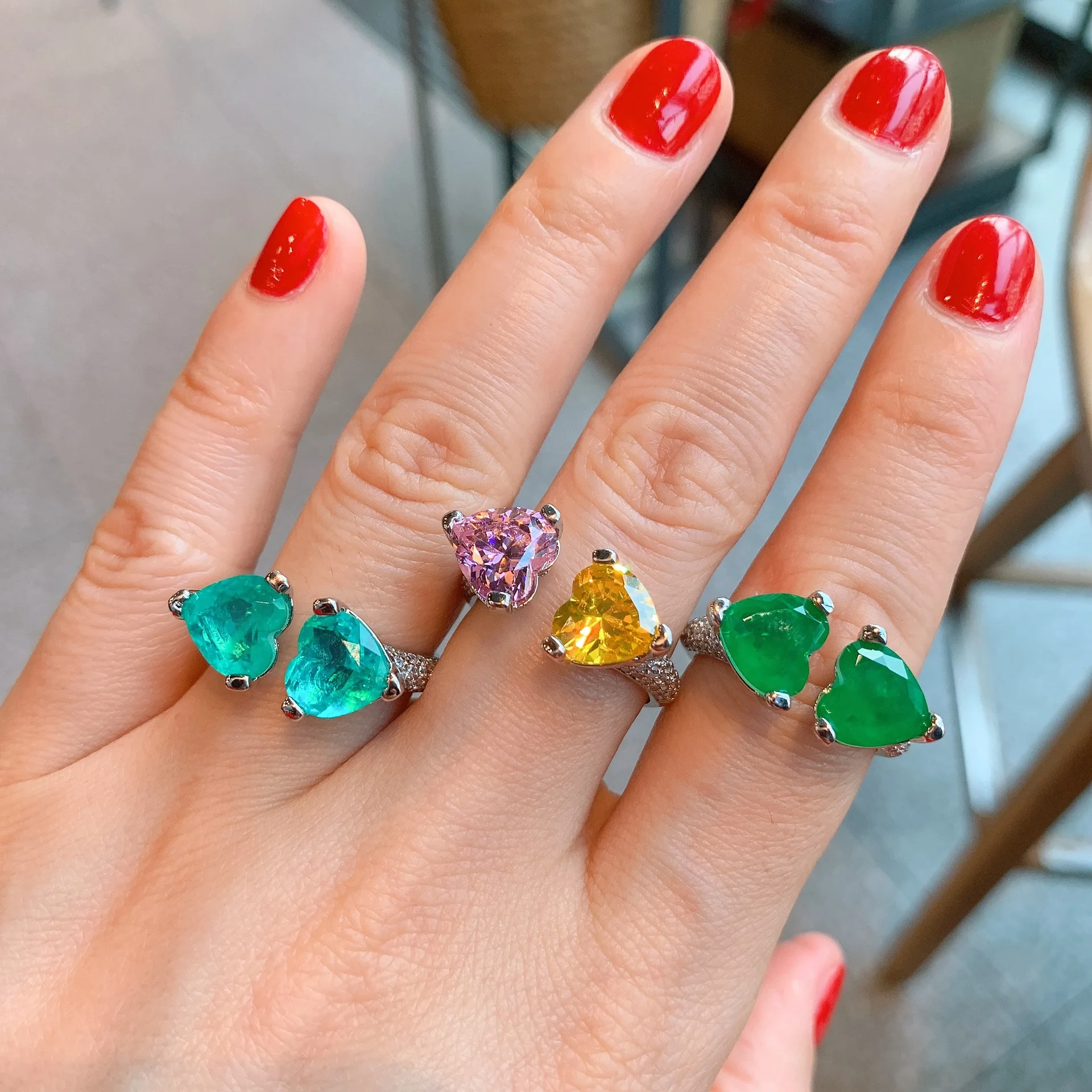 Qtt Carino Doppio Cuore Paraiba Lab Smeraldo Anello Di Pietra Lusso Argento Colore Promessa Fidanzamento Matrimonio Gioielli Alla Moda