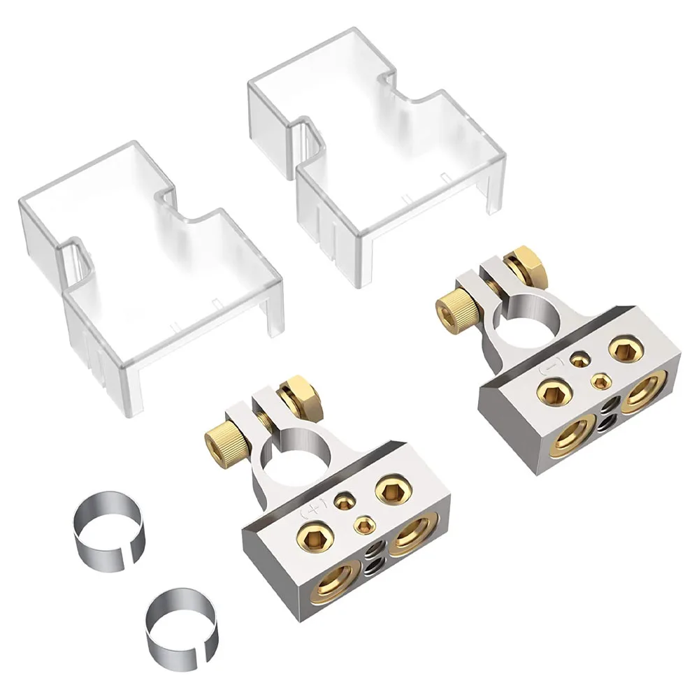 Battery terminals 1 pair car battery terminal connectors kit 2/4/8/10 AWG auto audio positive negative battery post clamp with clear covers shims
