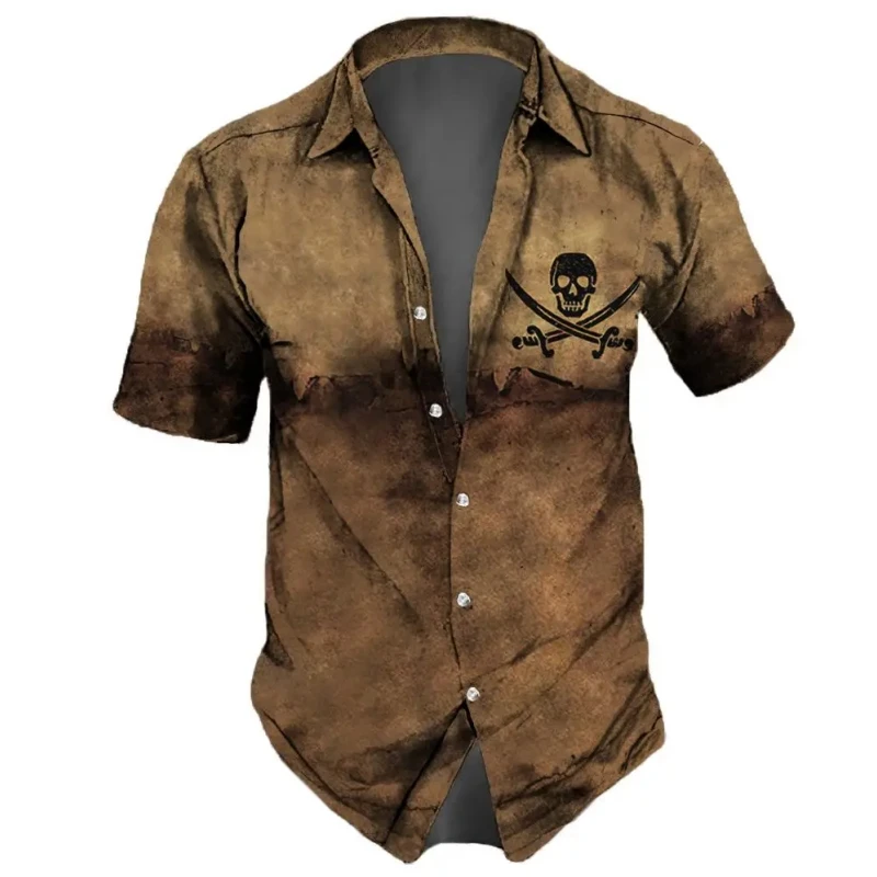 Short Sleeved Shirt Men Lapel Streetwear Vintage Skull Hip Hop Party Summer Casual Hawaiian