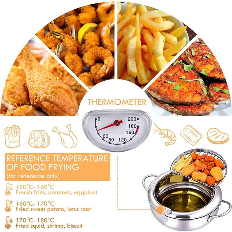 Premium Stainless Steel Japanese Tempura Fryer with Thermometer and Lid