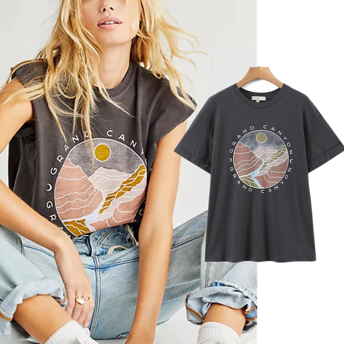 

Dave&Di T-shirt For Women Tops 2023 Summer American Style Retro Street Loose Sunset Cartoon Printing Cotton