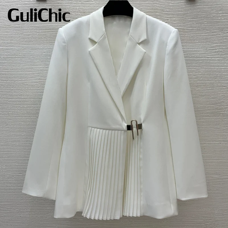 

9.26 GuliChic Women Fashion Metal Lock Button Pleated Spliced Design Long Sleeve Temperament Ladies Blazer