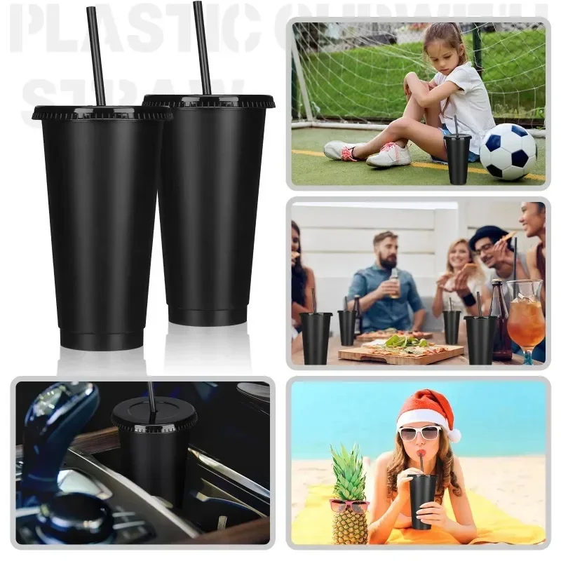 5pcs 24oz Transparent Reusable Tumblers with Black Lids and Straws Iced Coffee Water Bottle Cold Smoothie Cups for Parties Drink