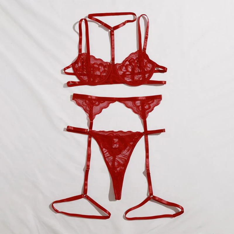 Floral Lace Garter Lingerie Set With Choker Women Intimates Underwire Bra And Thongs Ladies Underwear Set