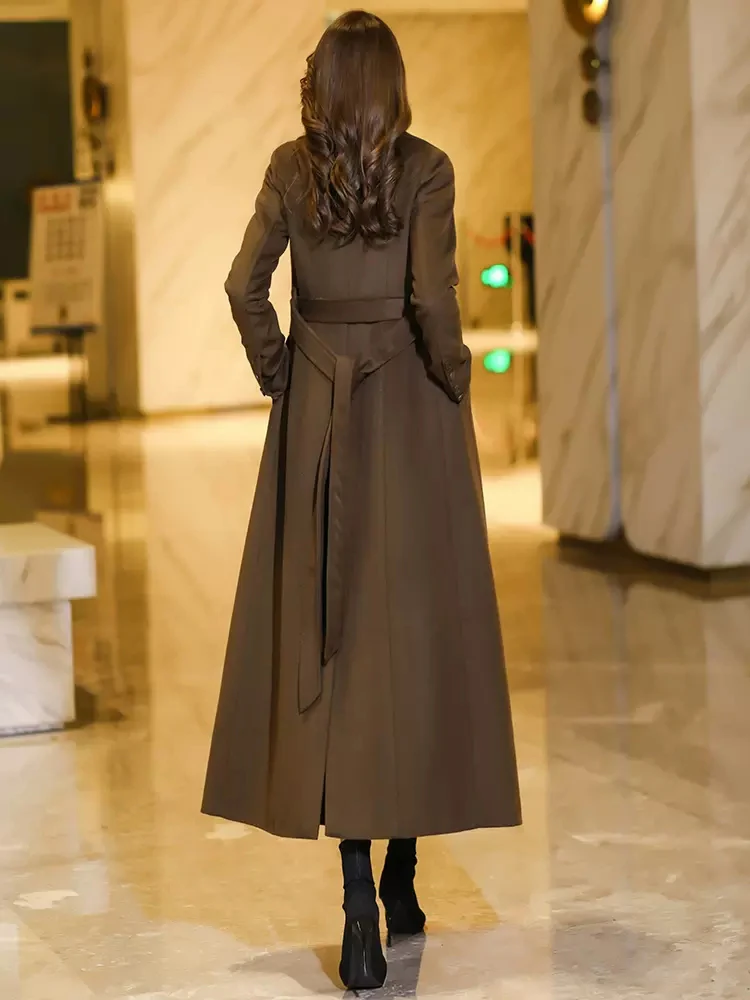 New Women Elegant Long Woolen Coat Autumn Winter Elegant Fashion Turn-down Collar Double Breasted Slim Wool Blended Overcoat
