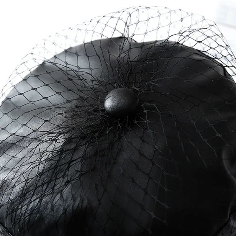 Spring and summer black PU lace veil newsboy caps Fmale Flat top black Mesh letter multiple styles fashion hats cotton newsboy cap