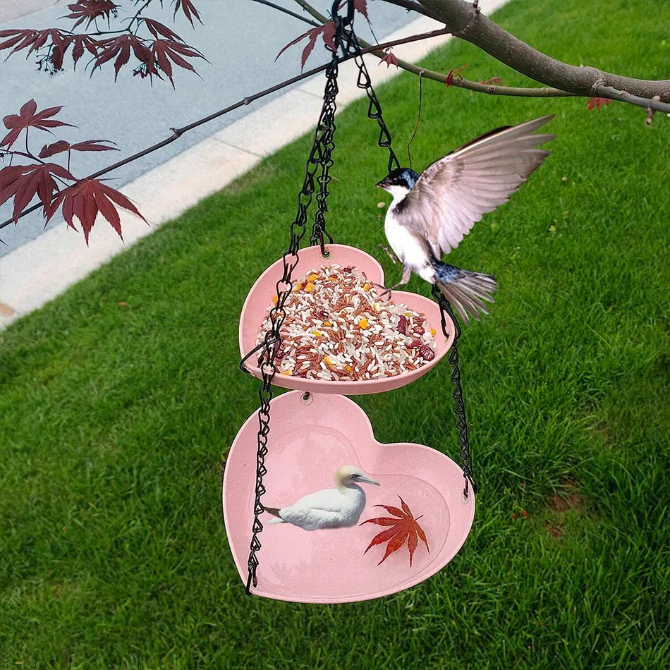 1pc Double Heart Shaped Bird Feeder with Three Chain, Double Hanging Tree Bird Feeder, Outdoor Balcony Garden Feeder, Water