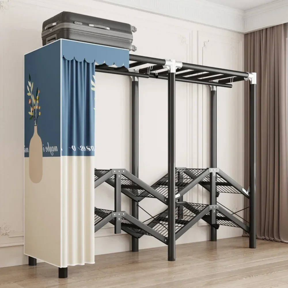 Cloth Wardrobe Fabric Wardrobe Folding Wardrobe Installation-Free Foldable Closet with Screen Curtain Simple Durable Steel Frame Dustproof Shelf