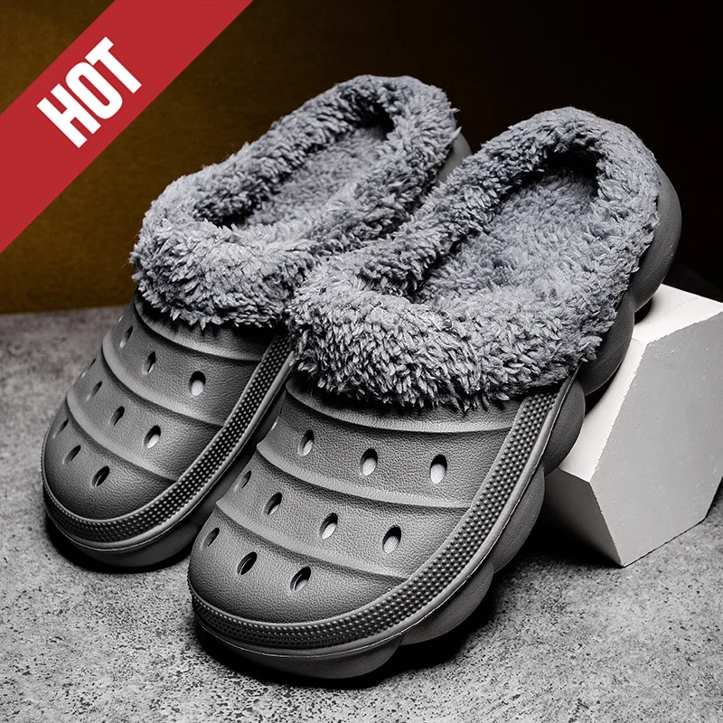 Mens Winter Slippers Plush Waterproof Indoor House Shoes Big Size Warm Fur Home Bedroom Slippers Slip on Concise Garden Shoes