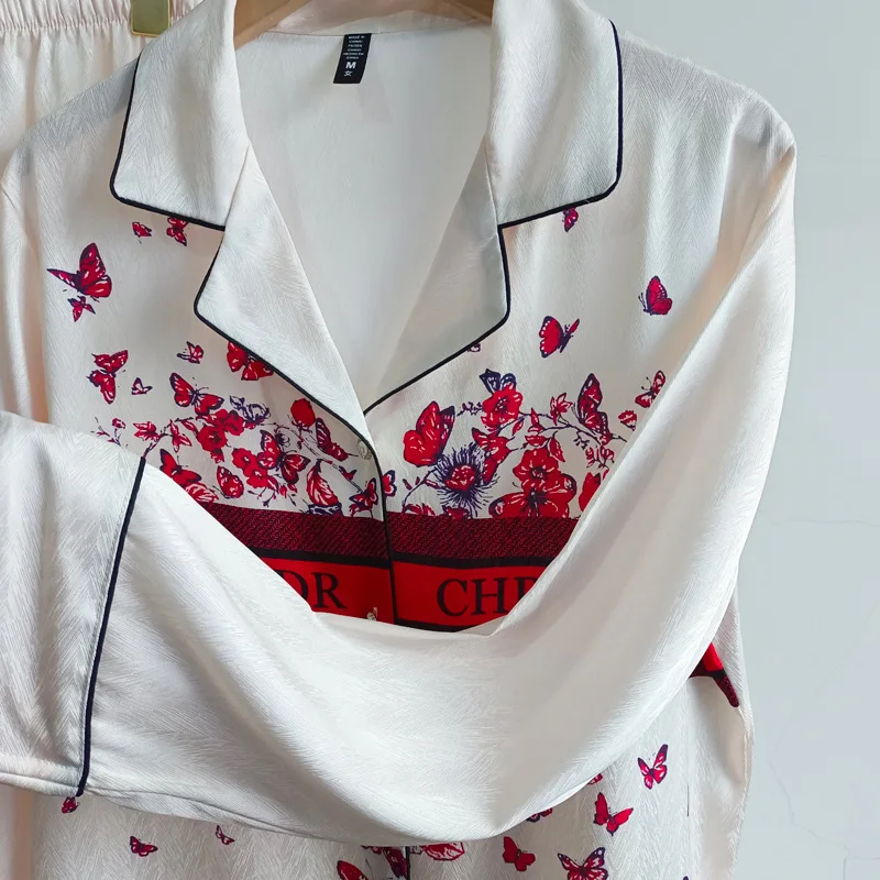 Ice silk butterfly women's pajamas two-piece set noble luxury long-sleeved pajamas set comfortable lapel women's home wear set