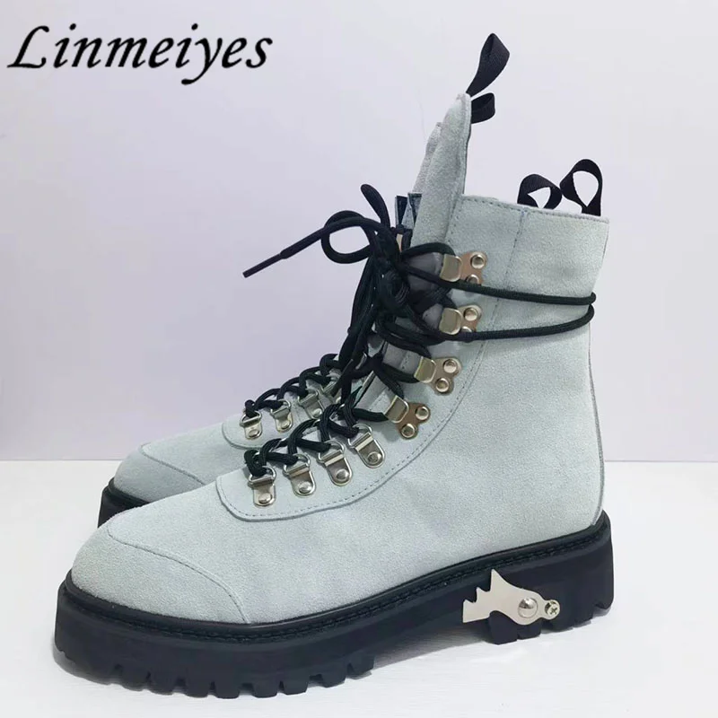 

Hot Sales Thick Sole Knight Boots Women Round Toe Lace Up Short Boots Inside Plush Warm Shoes Suede Leather Ankle Boots Woman