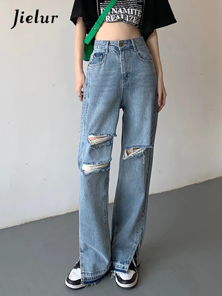 

Jielur Holes Slim Split Loose Women's Jeans Vintage Blue High Waist Straight Female Wide Leg Pants Casual Office Lady Y2k Pants