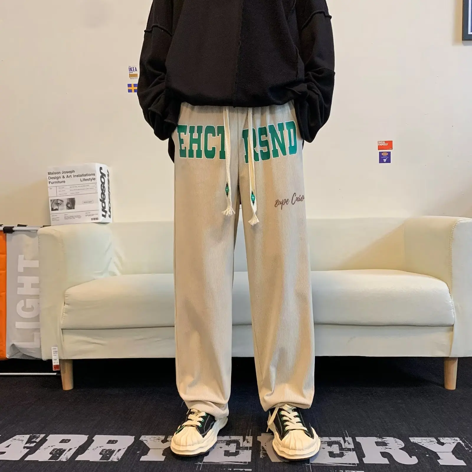 Winter Corduroy Men Pantalones Hombre Trend Y2K Loose Wide Leg Straight Pants Draw String Hip Hop Rock Dance Club Ins Sweatpants