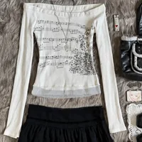 Women T-shirt Long Sleeve Boat Neck Music Note Print Patchwork Slim Fit Ladies Tops Streetwear - Image 3