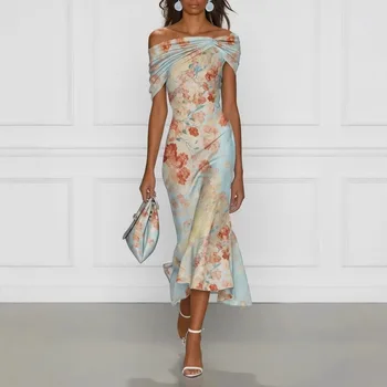 2026 New Summer Women's Fashion Printed Off-shoulder Short-sleeved Floral Temperament Long Dress for Women 1