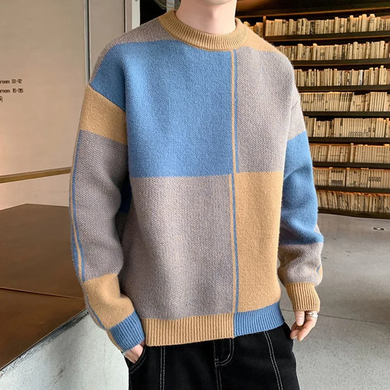 Autumn Winter Round Neck Patchwork Loose Casual Jumpers Men Knitting Pullovers Homme All-match Fashion Bottoming Sweater Top