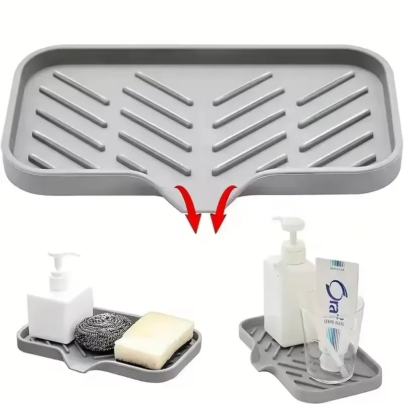 Silicone Sink Mat & Storage Tray - Multi-Function Faucet Drying Rack with Soap Dispenser & Sponge Holder, Splash-Proof Design
