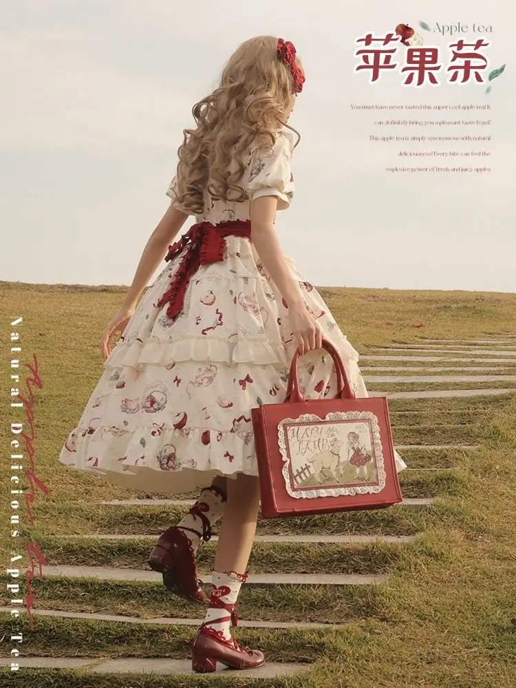 Apple Printed Lolita Dress Spring Summer Short Sleeve Pastoral Style Lolita Dress Princess
