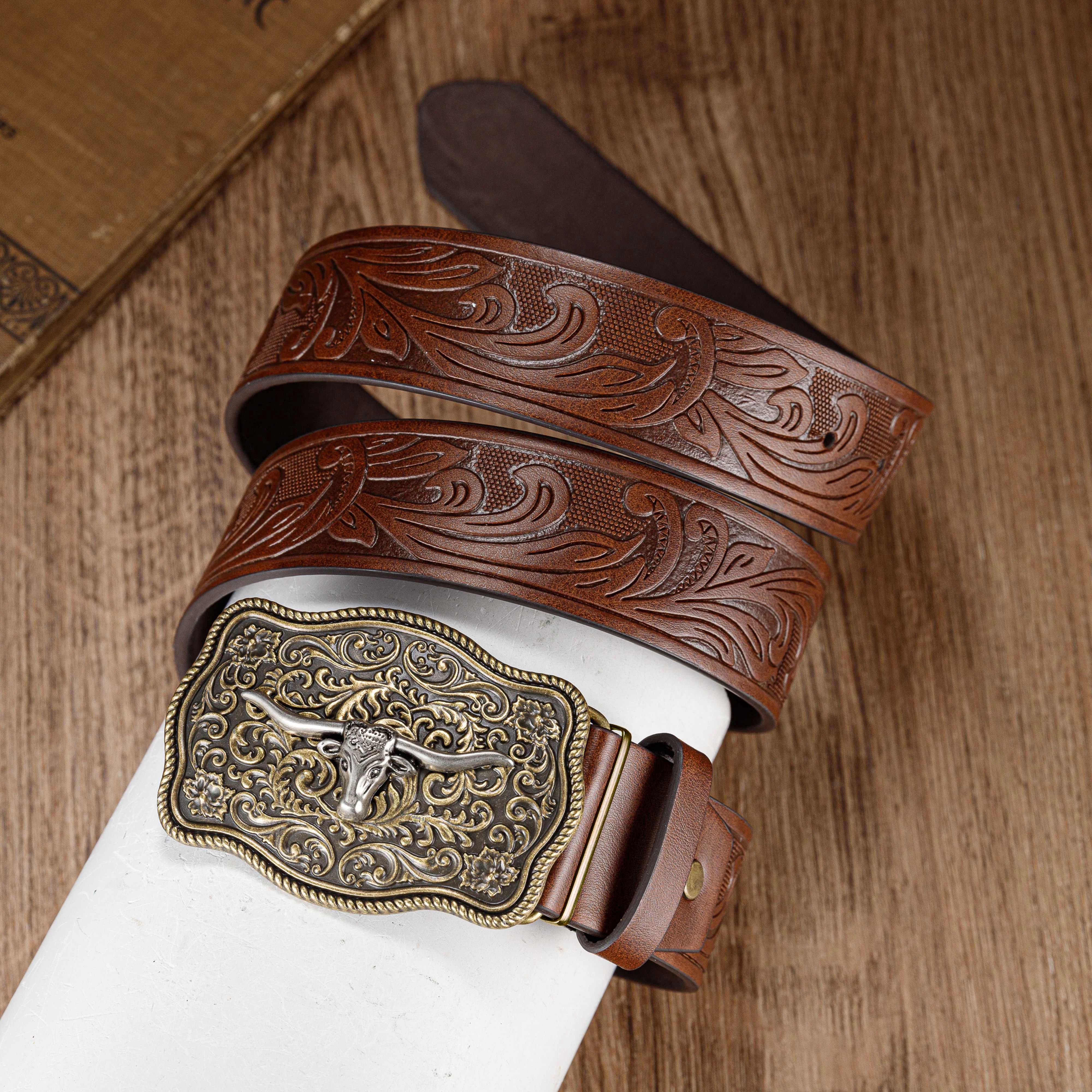 Stylish Bull Head Embossed Belt with Statement Buckle