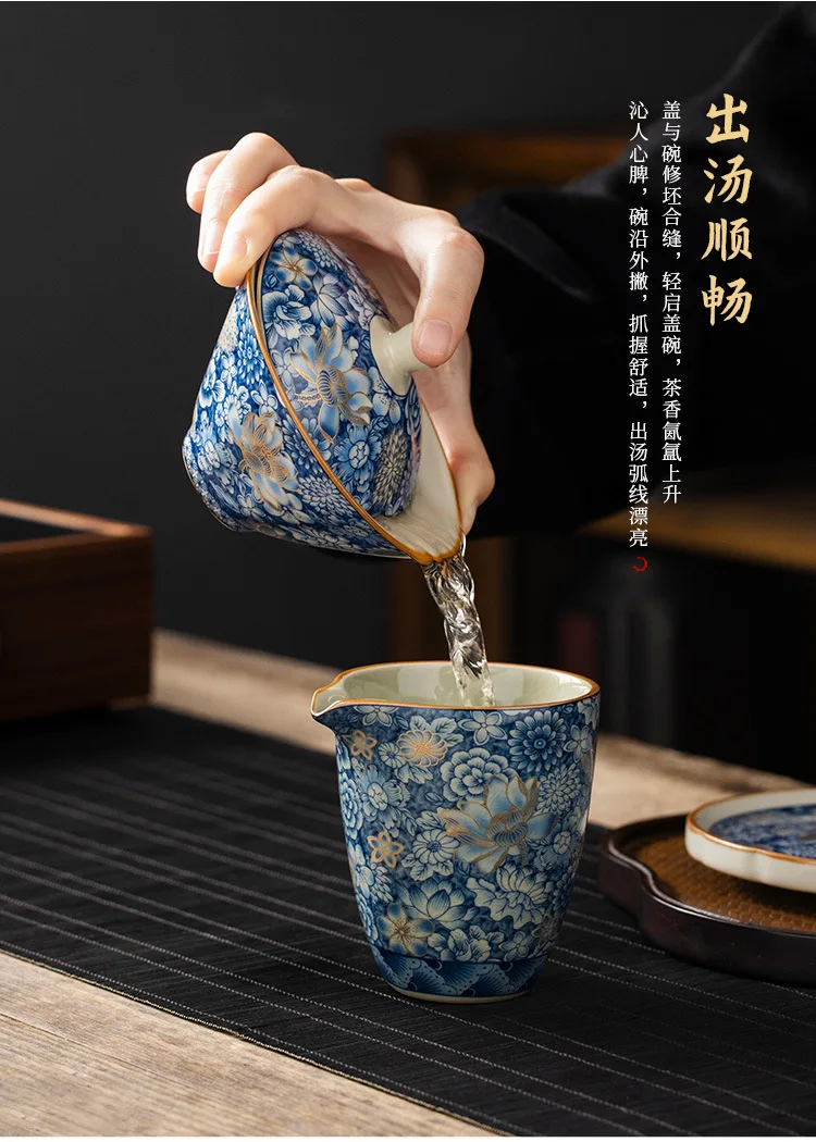 Description Picture 6 of itemCeramic Ru Kiln Gold Million Flower Hat Three Cover Bowl Teacup Home High-end Tea Bowl Large Not Hot Tea Set