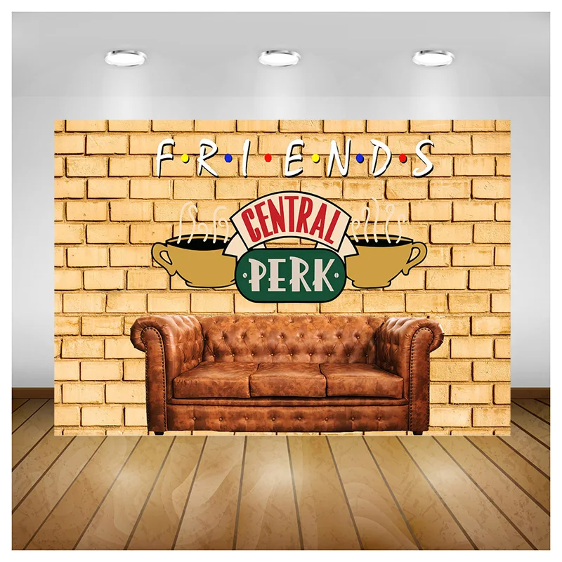 Photo Backdrop Friends Central Perk Red Brick Wall Retro Pub Sofa and Coffee 80s 90s Birthday Party Decoration Portrait Photoshoot