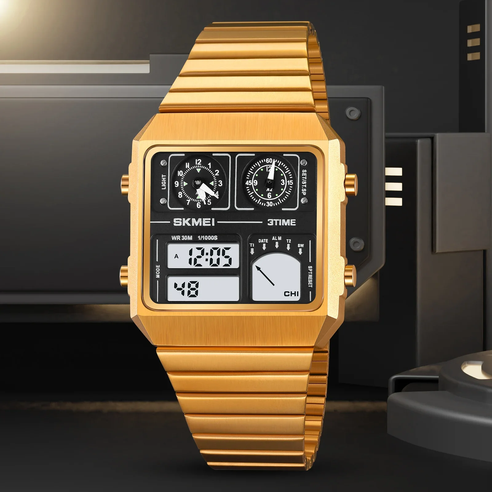 SKMEI 2198  StainlessSteel Thermometer Sports Watch Men's Leisure Business Electronic Watch LED Digital Watch Waterproof Digital 2