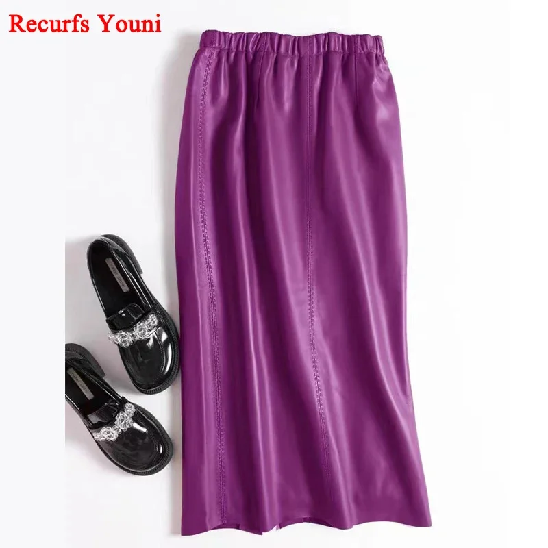 

Lambskin Purple Pencil Skirt for Women Korean Streetwear Back Slit Slim Fit Calf Long Faldas Mujer Show Thin Straight Wrap Jupe