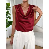 Women's Satin Sleeveless Top - V-Draped Neckline Shirt-Style Blouse with Cascading Ruffles, Elegant silk tank top sleeveless