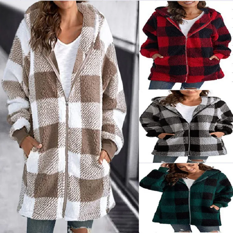 

Plush Women's New Long Sleeved Plaid Hooded Zipper With Pocket Loose Fitting Coat кардиган кофта женская fashion