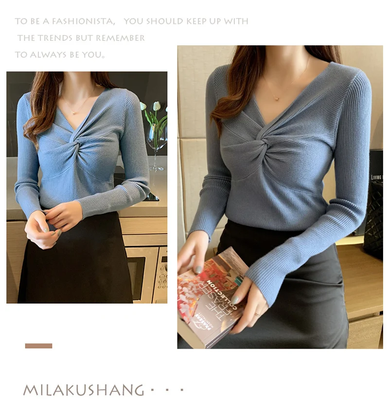 JMPRS Sexy V Neck Women Sweater Fashion Long Sleeve Knitted Pullover Jumper Slim Autumn Elastic Soft Female Knotted Basic Top christmas sweatshirt